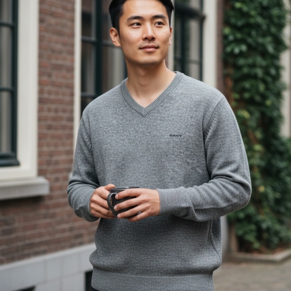 GANT Men's Charcoal V-Neck Sweater - Casual - Size L